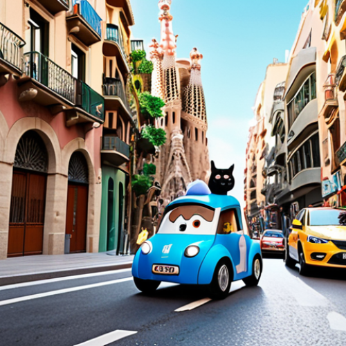 Home 4 Robocar Poli speeding down a vibrant, bustling street in Barcelona, rescuing a cat from a tall Gaudi-esque building.