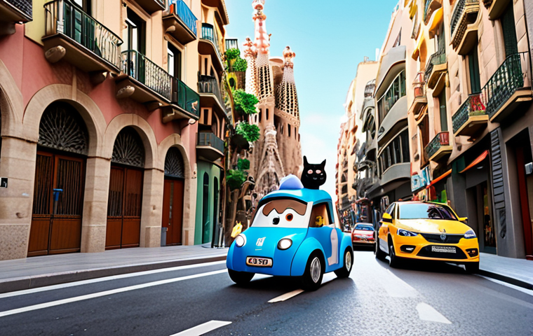 Robocar Poli speeding down a vibrant, bustling street in Barcelona, rescuing a cat from a tall Gaudi-esque building.