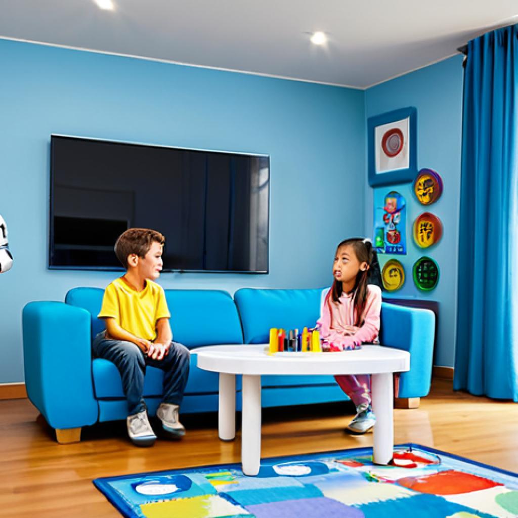A diverse group of children, fully clothed in comfortable, modest attire, engaged in a family-friendly learning activity in a brightly lit, modern living room. A parent or guardian, professionally dressed, is subtly supervising nearby. On a screen or table, animated figures resembling the Robocar Poli characters (Poli, Roy, Amber, Helly) are visible, emphasizing teamwork and safety lessons. The scene depicts a calm, educational atmosphere. Perfect anatomy, correct proportions, natural pose, well-formed hands, proper finger count, natural body proportions. Professional photography, high quality, safe for work, appropriate content, fully clothed, family-friendly.
