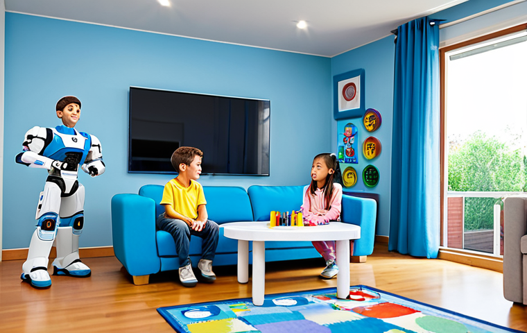 A diverse group of children, fully clothed in comfortable, modest attire, engaged in a family-friendly learning activity in a brightly lit, modern living room. A parent or guardian, professionally dressed, is subtly supervising nearby. On a screen or table, animated figures resembling the Robocar Poli characters (Poli, Roy, Amber, Helly) are visible, emphasizing teamwork and safety lessons. The scene depicts a calm, educational atmosphere. Perfect anatomy, correct proportions, natural pose, well-formed hands, proper finger count, natural body proportions. Professional photography, high quality, safe for work, appropriate content, fully clothed, family-friendly.