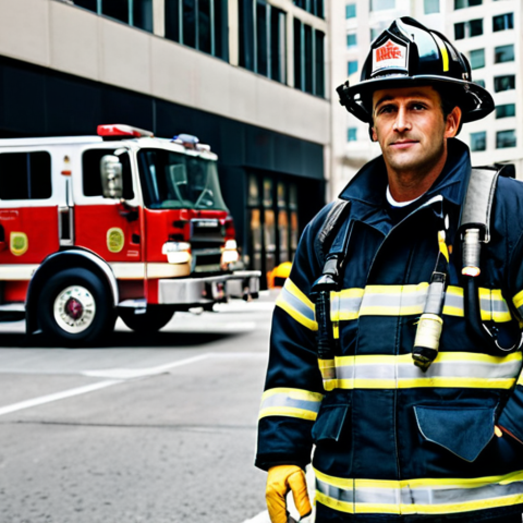**

A professional firefighter in appropriate turnout gear, standing confidently in front of a fire truck in a bustling city street.  Fully clothed, professional attire. Background features tall buildings and realistic street details. Perfect anatomy, correct proportions, natural pose, well-formed hands, proper finger count, natural body proportions. Safe for work, appropriate content, family-friendly, high quality.

**