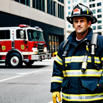 **

A professional firefighter in appropriate turnout gear, standing confidently in front of a fire truck in a bustling city street.  Fully clothed, professional attire. Background features tall buildings and realistic street details. Perfect anatomy, correct proportions, natural pose, well-formed hands, proper finger count, natural body proportions. Safe for work, appropriate content, family-friendly, high quality.

**