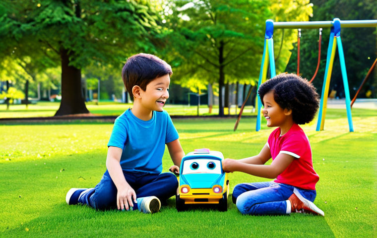 **
"A group of diverse children, fully clothed in casual, colorful clothing, are playing together happily in a sunny park, with Robocar Poli, Amber, Roy, and Helly (as toy versions) scattered around them. The park has green grass, trees, and a playground in the background. safe for work, appropriate content, family-friendly, professional illustration, perfect anatomy, natural proportions, well-formed hands, proper finger count."
**