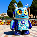 Artistic Poli**

"A Robocar Poli character customized with colorful mosaic patterns inspired by Antoni Gaudí, parked in front of Park Güell, Barcelona, Spain. The Poli is fully clothed in an imaginative, artistic design.  Perfect anatomy, correct proportions, natural pose.  Safe for work, appropriate content, family-friendly, high-quality rendering, professional."

**
