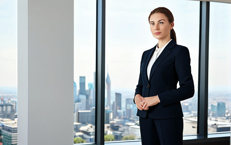 로보카폴리의 발전 과정 - Business Professional**
"A confident businesswoman in a tailored, modest blazer and slacks, standin...