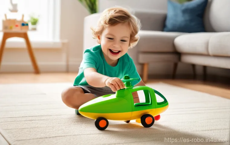로보카폴리 헬리 장난감 - A joyful 5-year-old child with a wide, innocent smile is playing in a sun-drenched living room. They...