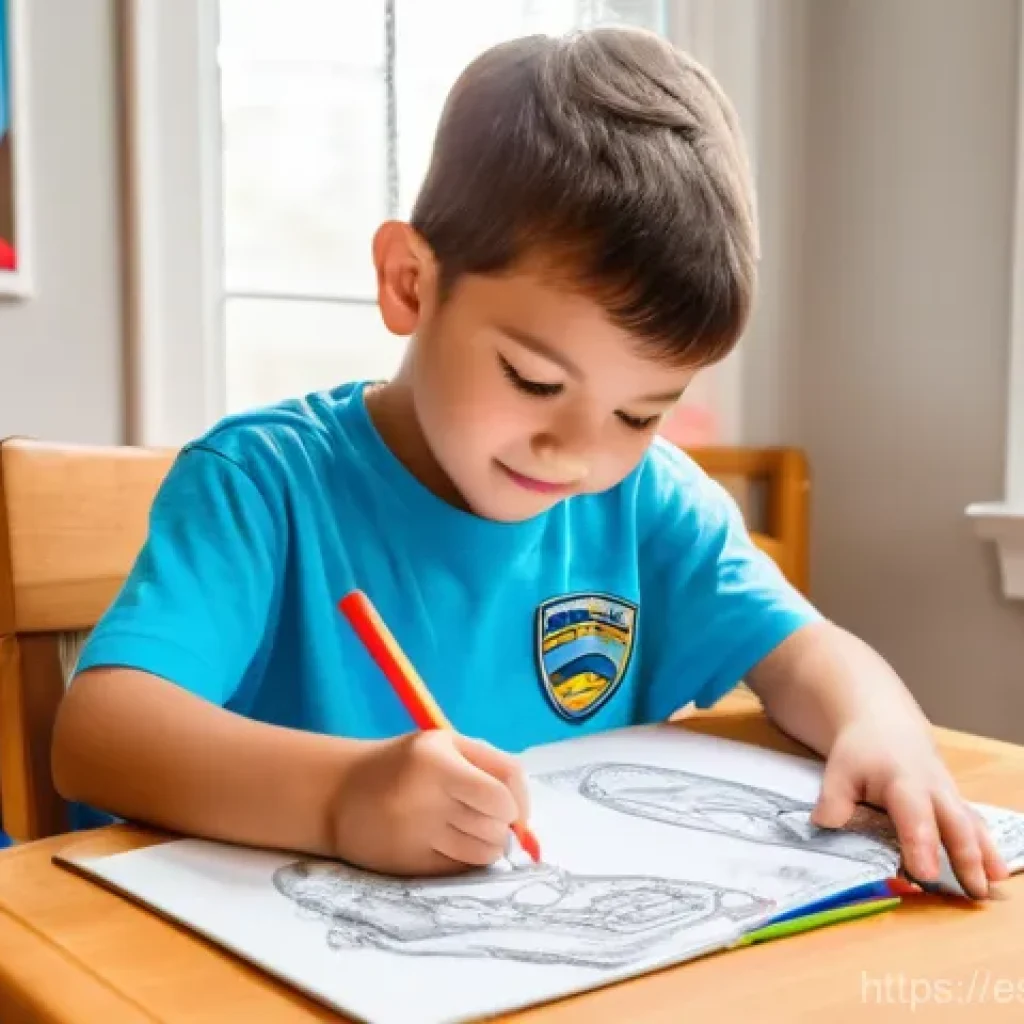 로보카폴리와 컬러링북 판매 - A happy, concentrated 6-year-old boy, wearing a bright blue t-shirt and comfortable shorts, is sitti...