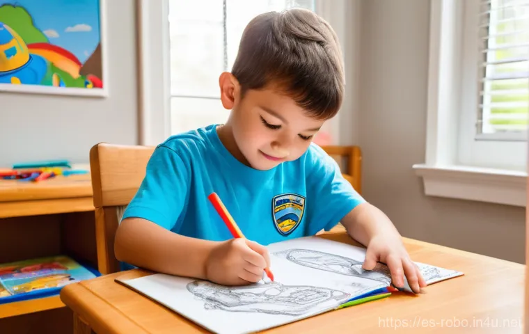 로보카폴리와 컬러링북 판매 - A happy, concentrated 6-year-old boy, wearing a bright blue t-shirt and comfortable shorts, is sitti...