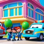 로보카폴리 원작자 - **Prompt:** A vibrant, cheerful scene in Brooms Town, featuring the entire Robocar Poli rescue team:...