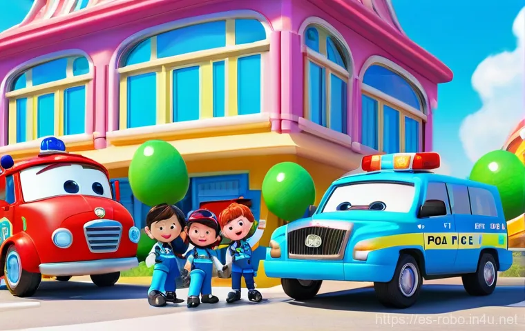 로보카폴리 원작자 - **Prompt:** A vibrant, cheerful scene in Brooms Town, featuring the entire Robocar Poli rescue team:...