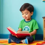 로보카폴리와 어린이 독서 프로그램 - **Prompt:** A 5-year-old boy, with sparkling eyes full of wonder, is sitting comfortably on a soft r...