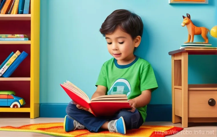 로보카폴리와 어린이 독서 프로그램 - **Prompt:** A 5-year-old boy, with sparkling eyes full of wonder, is sitting comfortably on a soft r...