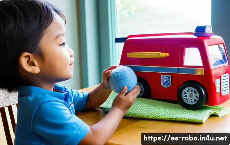 로보카폴리 장난감 사용법 - The younger child, wearing a colorful t-shirt and comfortable shorts, is holding a toy Poli police c...