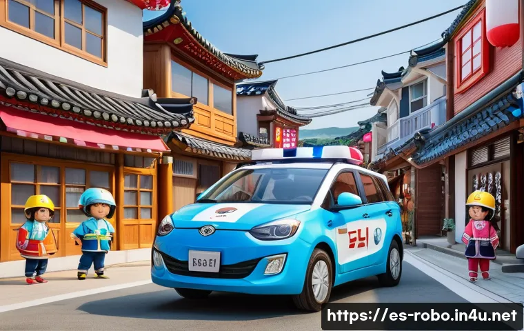 로보카폴리 제작진의 열정 - A vibrant and detailed scene featuring Robocar Poli characters in a colorful South Korean urban neig...