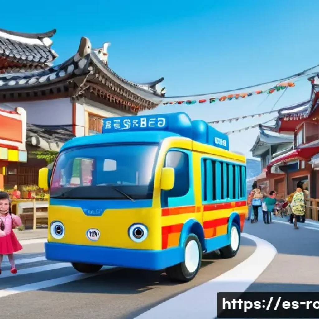 로보카폴리와 함께하는 안전 교육 - A colorful, engaging scene of animated rescue vehicles from Robocar Poli helping children safely cro...