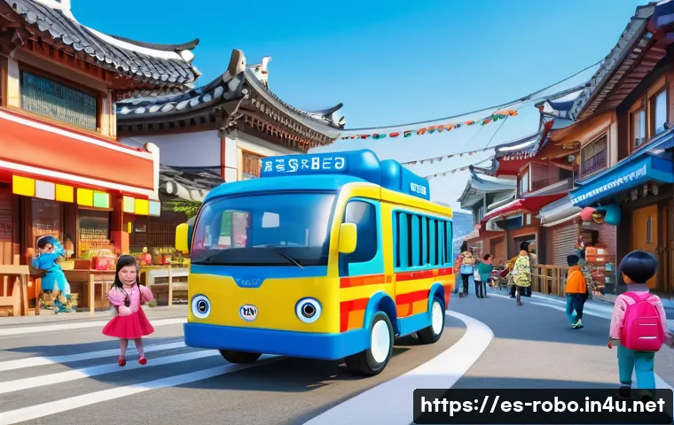 로보카폴리와 함께하는 안전 교육 - A colorful, engaging scene of animated rescue vehicles from Robocar Poli helping children safely cro...