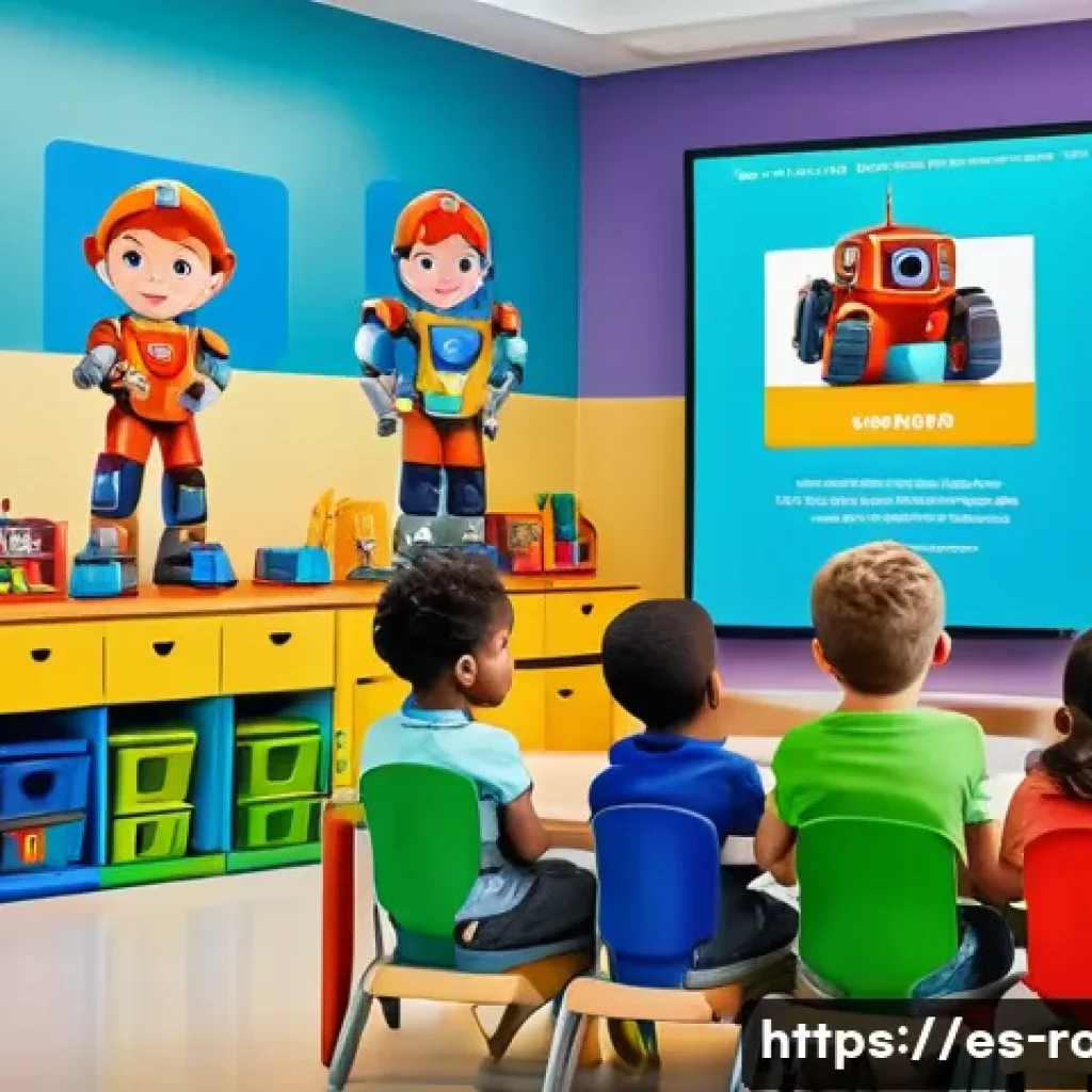 로보카폴리와 시장 분석 - A vibrant classroom scene featuring diverse preschool children attentively watching an animated educ...