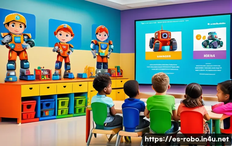 로보카폴리와 시장 분석 - A vibrant classroom scene featuring diverse preschool children attentively watching an animated educ...