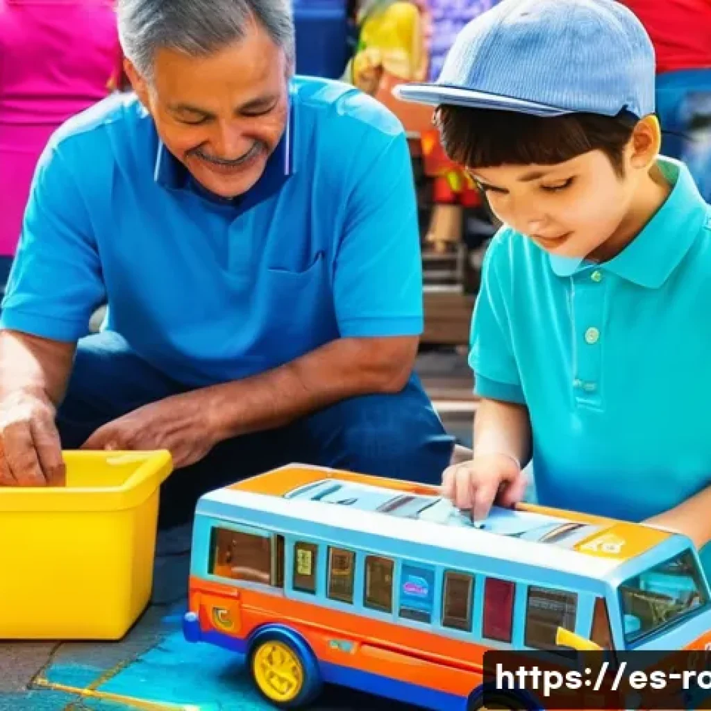 로보카폴리 중고 장난감 - A detailed scene of a parent and child inspecting used Robocar Poli toys at a local flea market in a...