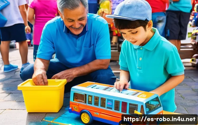 로보카폴리 중고 장난감 - A detailed scene of a parent and child inspecting used Robocar Poli toys at a local flea market in a...
