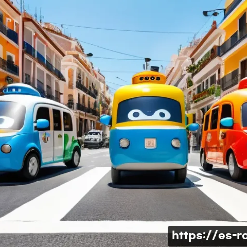 로보카폴리와 교육 철학 - A vibrant urban street scene in a Spanish neighborhood during daytime, featuring colorful animated r...