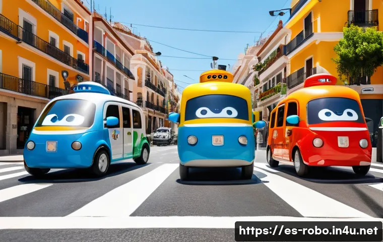 로보카폴리와 교육 철학 - A vibrant urban street scene in a Spanish neighborhood during daytime, featuring colorful animated r...