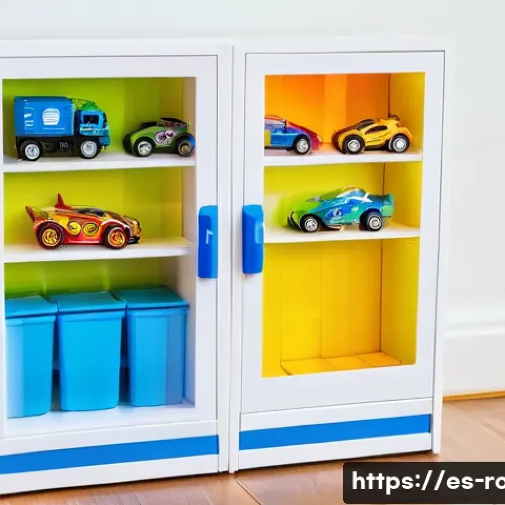 로보카폴리 굿즈 관리법 - A neatly arranged display cabinet for Robocar Poli action figures inside a bright, modern Spanish li...