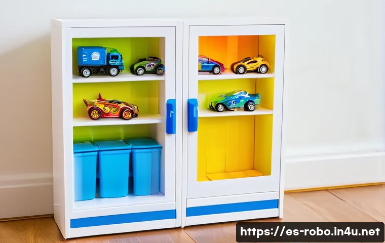로보카폴리 굿즈 관리법 - A neatly arranged display cabinet for Robocar Poli action figures inside a bright, modern Spanish li...