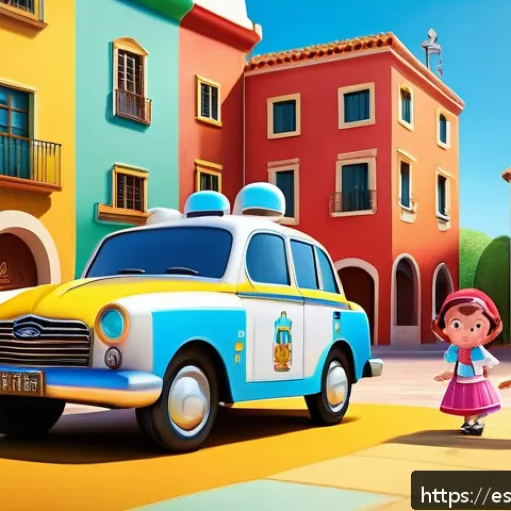 로보카폴리의 인기 이유 분석 - A colorful 3D animated scene featuring Robocar Poli characters standing together in a sunny Spanish ...