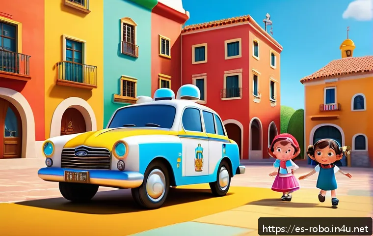 로보카폴리의 인기 이유 분석 - A colorful 3D animated scene featuring Robocar Poli characters standing together in a sunny Spanish ...