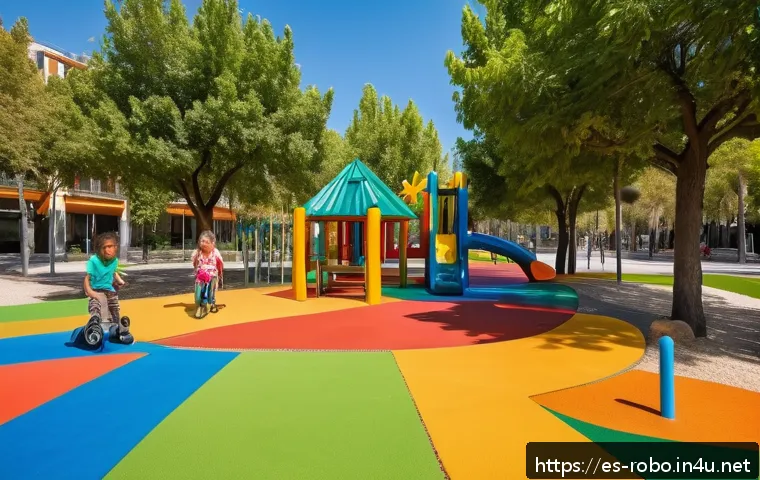 로보카폴리와 키즈카페 - A vibrant outdoor playground designed for children’s safety and inclusion in a sunny urban park in S...