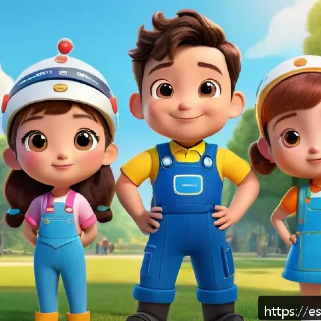 로보카폴리 캐릭터의 성격 변천사 - A vibrant and heartwarming scene featuring the Robocar Poli characters Poli, Amber, Helly, and Roy i...