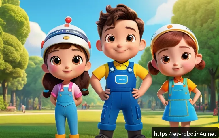 로보카폴리 캐릭터의 성격 변천사 - A vibrant and heartwarming scene featuring the Robocar Poli characters Poli, Amber, Helly, and Roy i...