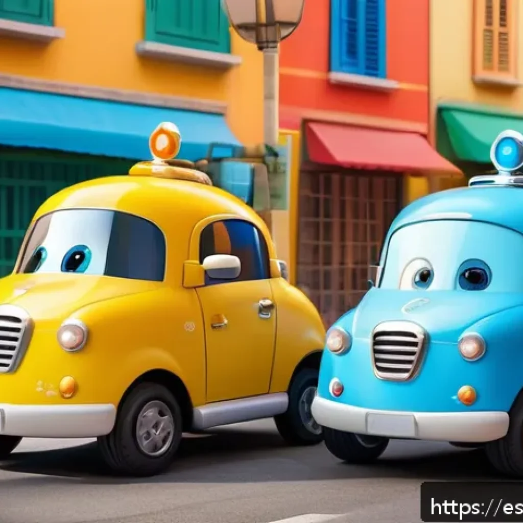 로보카폴리 연출 스타일 - A vibrant and friendly scene featuring anthropomorphic rescue vehicles inspired by Robocar Poli, wit...