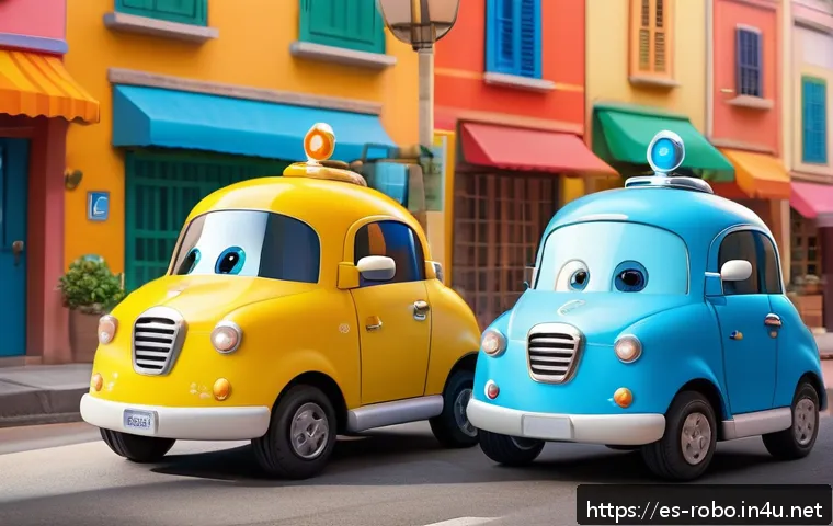 로보카폴리 연출 스타일 - A vibrant and friendly scene featuring anthropomorphic rescue vehicles inspired by Robocar Poli, wit...