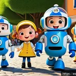 로보카폴리 인기 요인 - A vibrant, colorful scene featuring friendly, expressive Robocar Poli characters with rounded shapes...