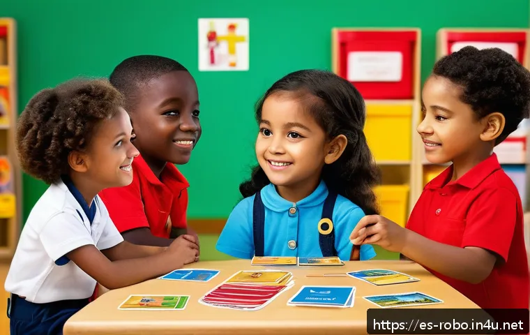 로보카폴리 캐릭터 카드 - A colorful and lively classroom scene where diverse children, wearing casual clothing, gather around...