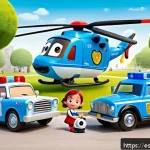로보카폴리 스토리라인 - A vibrant and colorful scene featuring the main characters of Robocar Poli&mdash;Poli the police car, Ambe...