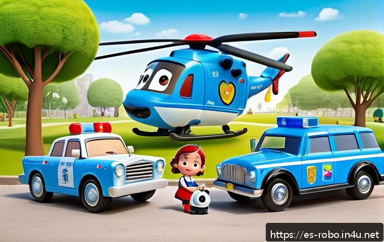 로보카폴리 스토리라인 - A vibrant and colorful scene featuring the main characters of Robocar Poli&mdash;Poli the police car, Ambe...