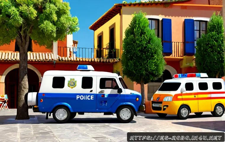 Home 17 로보카폴리 브룸스타운 주민 소개 - Photorealistic high-end CGI scene of original friendly anthropomorphic rescue vehicles gathered in a...