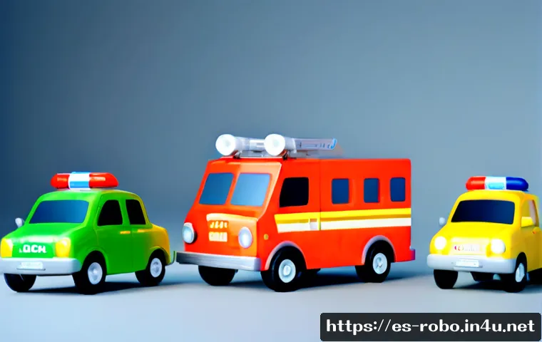 로보카폴리 캐릭터별 목소리 - Four original, unbranded friendly rescue vehicle characters in distinct blue police car, red fire tr...