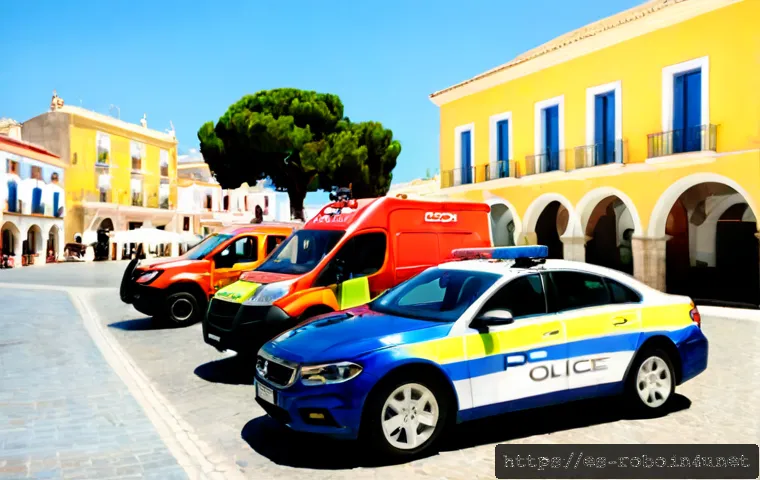 로보카폴리 시즌1 요약 - Photorealistic friendly emergency rescue vehicles—a blue police car, red fire truck, green ambulance...