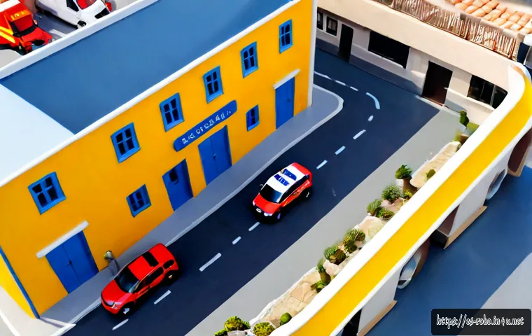 Home 17 로보카폴리 브룸스타운 구조도 - Photorealistic overhead view of a colorful miniature rescue town diorama inspired by a Spanish Medit...
